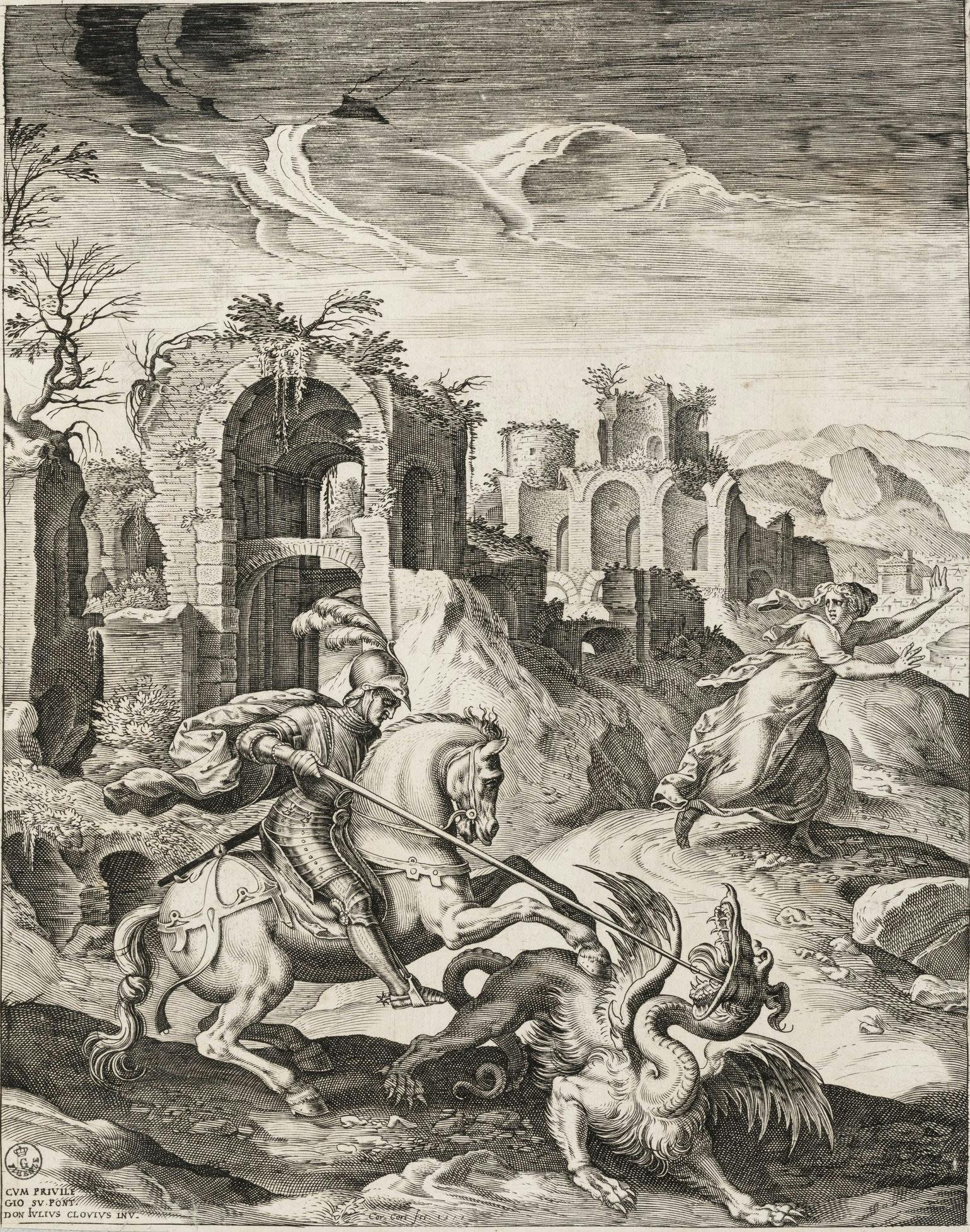 Cornelis Cort, da Giulio Clovio, San Giorgio e il drago, bulino, 1577